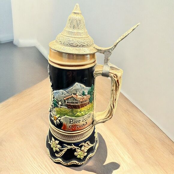Lidded DBGM Ceramic German Beer Stein with Music Box - Picture 3 of 5